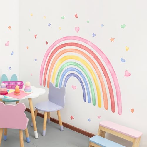 42" x 26" Rainbow Wall Decals Stickers for Girls Nursery Peel and Stick Watercolor Rainbow Hearts Stars Vinyl Wall Mural for Kids Toddlers Bedroom Playroom Classroom