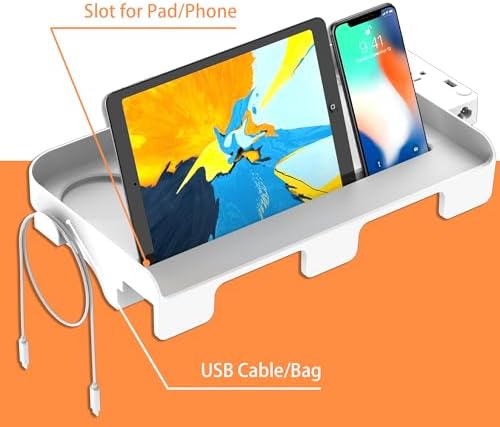 Hiree Bedside Shelf for Dorm Bunk Bed with USB Charging Port and 2 AC Outlets, Bedside Caddy, Bunk Bed Extender, Attachable Bedside Table, College Dorm Essential Clip On Bedside Tray, Plus Size, White