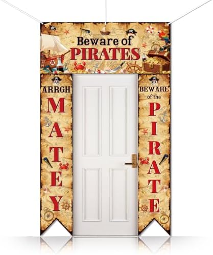 CUTHOLLOW 3Pcs Beware of Pirates Decorations Porch Sign Banner