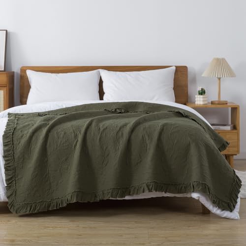 Brandream Olive Green Ruffled Quilted Throw Blanket Cotton 47 X 60 Blanket