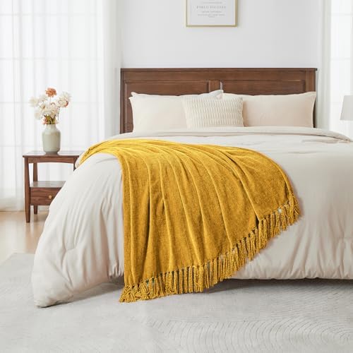 CozeCube Chenille Throw Blanket, Harvest Gold Fringe Blanket, 60"X80"