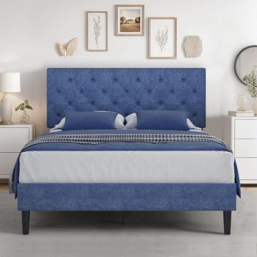 HOMBCK Full Bed Frame with Adjustable Headboard, Blue