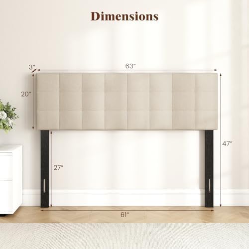 KOMFOTT Linen Upholstered Headboard for Full & Queen Size Bed, Quadrate Channel Tufted Rectangular Headboard with Solid Wood Legs & Adjustable Width, Padded Bed Backboard, Easy Assembly (Beige)