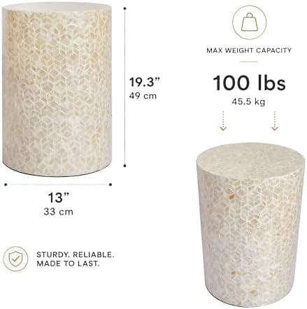 PEMAR Capiz Shell Cylinder Drum End Table Nacre Side Table Stool Round Drum Accent Coffee Bedside Nightstand and Vanity Stool, 13" Diameter x 19.3" High, White Cream