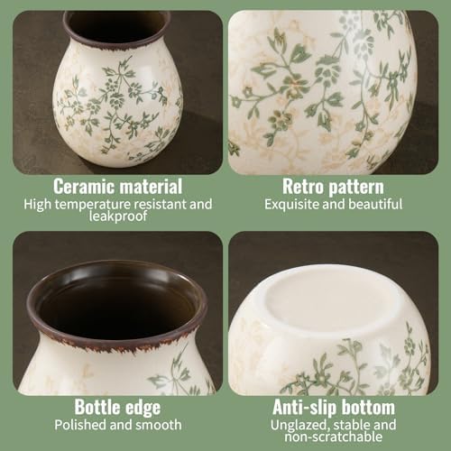 Rustic Ceramic Utensil Holder for Kitchen Counter Farmhouse Cooking Utensil Crock Vintage Kitchen Utensil Organizer Spatula Spoon Holder for Countertop Kitchen Decor (Springtime Green Vine)