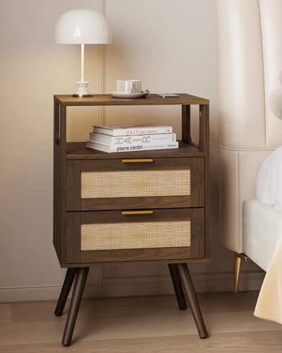 JOONEE Rattan Nightstand,Farmhouse Bedside Table with 2 Storage Drawer and Open Wood Shelf, for Bedroom and Small Spaces,Night Stand with Solid Wood Legs (Walnut Brown)