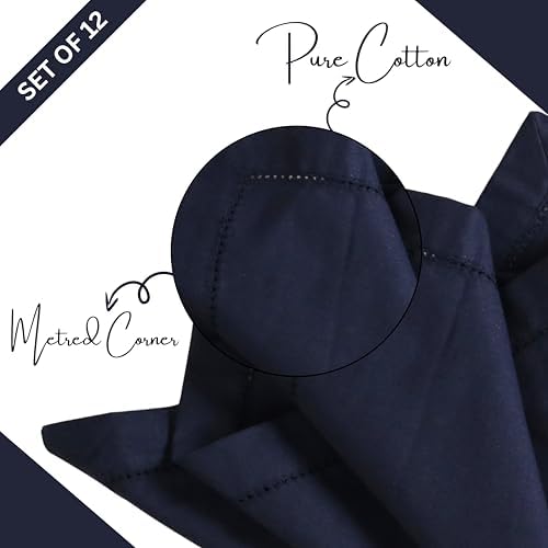 Lightnpro Hemstitched Cotton Cloth Napkins Set of 12, 18x18 Inch, Navy