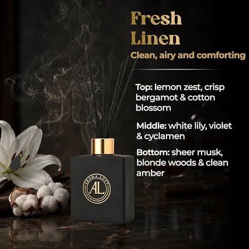 Reed Diffuser - Fragrance Diffuser for Home - 5 oz. Oil Diffuser Sticks - Bathroom Diffuser Set- Oil Diffuser Reeds - Scent Sticks in Oil-Office Smell Good Stuff (Black, Fresh Linen)