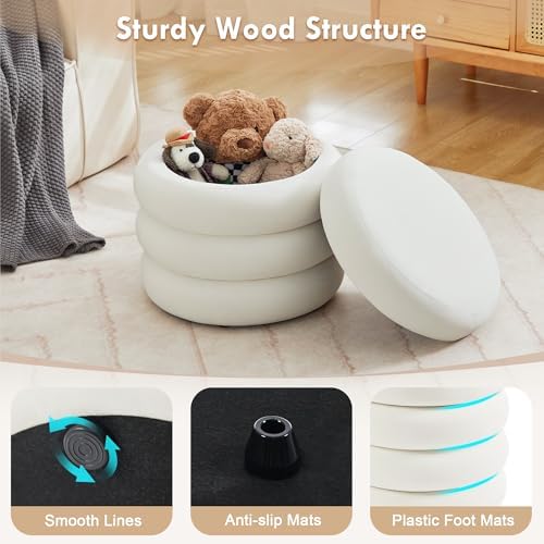 Round Velvet Storage Ottoman with Removable Lid, Small Tufted Vanity Stool for Dorm, Modern Compact Footrest for Bedroom Entryway Lounge, White