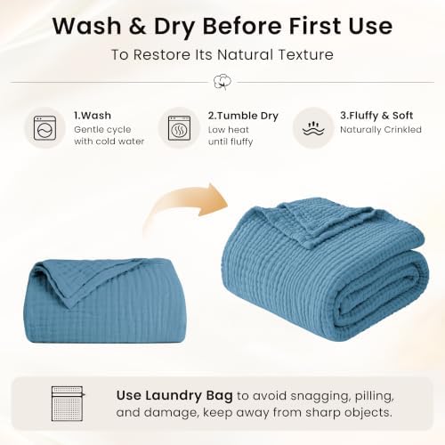 Love's cabin 100% Cotton Muslin Blanket Throw for Couch, Misty Blue