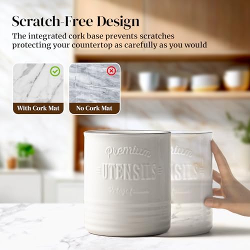 DOWAN 7.2" Large Ceramic Utensil Holder for Kitchen Counter, Beige
