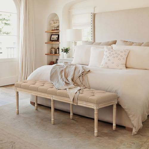 LUE BONA 60" Fabric End of Bed Bench, Upholstered Tufted French Bedroom Bench with Carved Legs for Bedroom End of King Size Bed, Living Room, Wheat