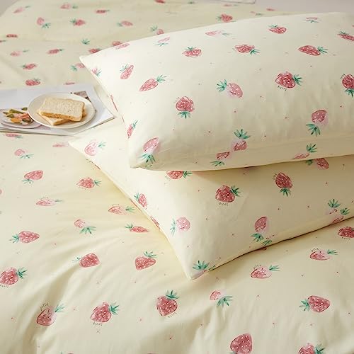 Strawberry Duvet Cover Set 100% Cotton,Queen(90"x90"),Cream