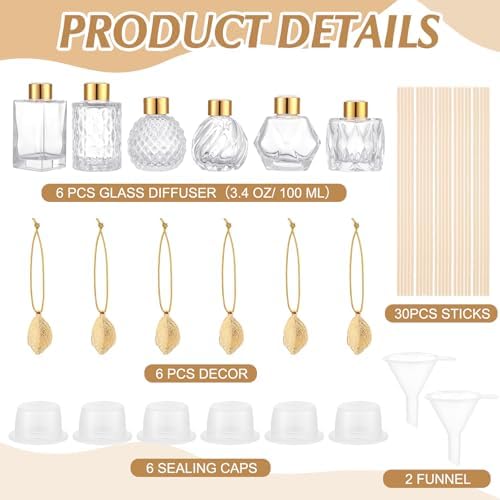 6 Pcs Reed Diffuser Gift Set Empty Reed Diffuser Bottle and 30 Pcs Sticks with Metallic Leaves Decoration Funnels 3.4 oz Fragrance Glass Prismatic Bottles for Essential Oil DIY Home Office, 6 Styles