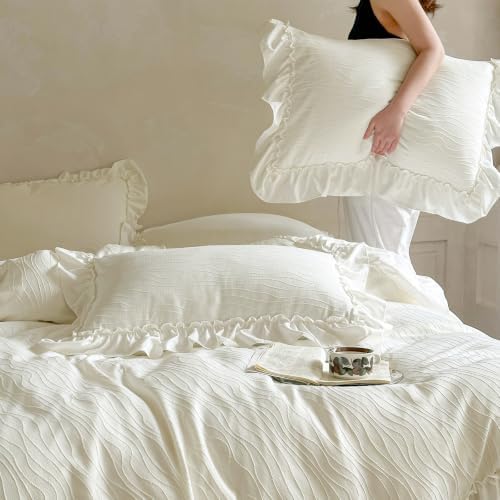 AOJIM French Chic Ruffled Duvet Cover Full Size Beige Wavy Jacquard Bedding Set 3 Pieces, Microfiber Zipper Comforter Cover and 2 Pillowcases Aesthetic Cottagecore Bedding Duvet Cover for All Seasons