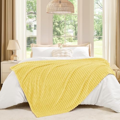 BEDELITE 3D Ribbed Light Yellow Fleece Twin Blanket for Couch, 60x80 Inch