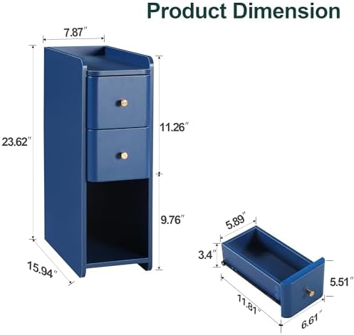 Narrow Nightstand Set of 2, Wooden Small 2 Drawer Nightstand, Slim Side End Table, Skinny Bedside Table, Mid Century Modern Night Stand with Drawers for Bedroom (Blue-2 pcs)