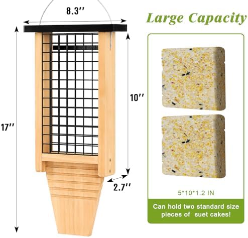 Gbekery Wooden Double Suet Feeder with Tail Prop for Outside, Black Roof