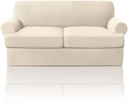 PrinceDeco T Cushion Loveseat Slipcover 3 Pieces Sofa Covers for T Cushion Sofa Stretch Slip Covers for 2 Cushion Couch with 2 Individual T Shape Seat Covers Width Up to 76"- Washable, Natural