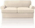 PrinceDeco T Cushion Loveseat Slipcover 3 Pieces Sofa Covers for T Cushion Sofa Stretch Slip Covers for 2 Cushion Couch with 2 Individual T Shape Seat Covers Width Up to 76"- Washable, Natural