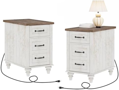 WAMPAT Set of 2 End Tables with Charging Station, Antique White Nightstands