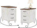 WAMPAT Set of 2 End Tables with Charging Station, Antique White Nightstands