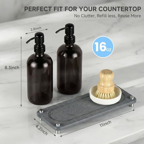 2 Pack Kitchen Soap Dispenser Set - 16oz Black Glass Dish and Hand Soap Dispenser with Stainless Steel Pump, Instant Dry Tray, Dish Brush & Holder, Refillable Countertop Sink Decor for Kitchen & Bath