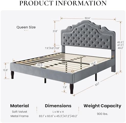 SHA CERLIN Queen Bed Frame with Adjustable Headboard/Velvet Upholstered/Diamond Button Tufted and Metal Studs/No Box Spring Needed/Wooden Slat Support/Easy Assembly/Light Grey