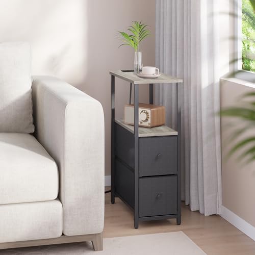 TUTOTAK Narrow End Table with Charging Station, Skinny Side Table