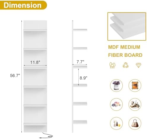 Qupui 6-Tier Wall Shelf with RGB LED, 57" Floating Storage, White