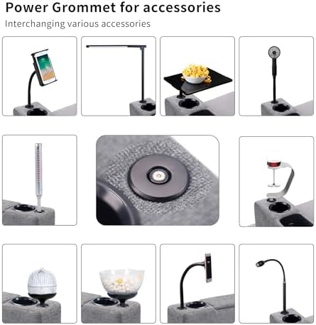 Multifunctional Sofa Armrest, Couch Armrest with Cup Holder, Removable Sofa Caddy with Storage,Equipped with LED Reading Light&Wireless Charge Stand, Grey