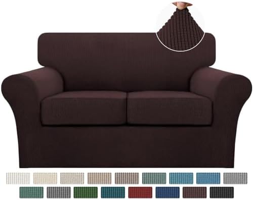 Turquoize 3 Piece Sofa Covers for 2 Cushion Couch Sofa Slipcover Soft Couch Cover for Dogs-Washable Sofa Furniture Covers with 2 Individual Cushion Covers, Thick Jacquard Fabric (Loveseat, Brown)