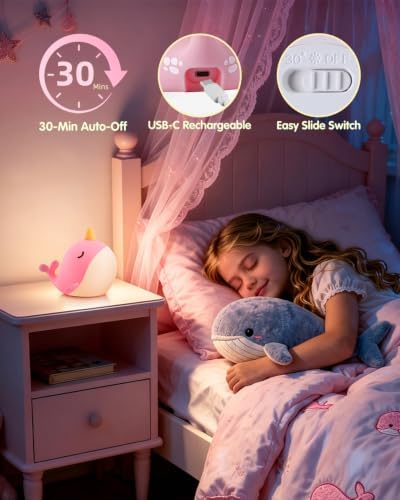 Fuloon Narwhal Night Light, 3 Dimming Silicone Touch Lamp with Rechargeable Battery & Timer, Cute Squishy Unicorn Whale Desk Decor, Funny White Elephant Gift for Adults Teens Kids (Pink+Blue 2PCS)