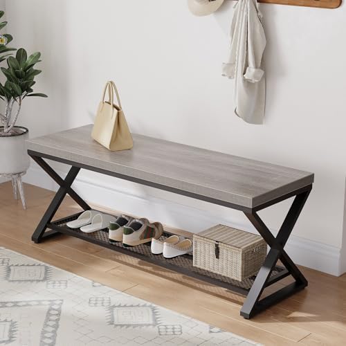LVB Grey Entryway Bench with Storage, 47” Indoor Shoe Bench with Seating, Modern Storage Benchs for Hallway Foyer Entrance, Wood and Metal Entry Way Shoe Rack Bench for Living Room, Light Grey Oak