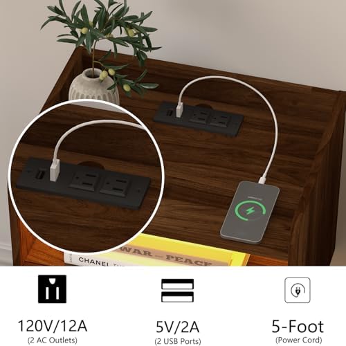 Veegle Floating Nightstand with Charging Station and LED Lights (Walnut Brown)