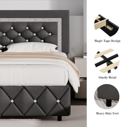 BarnFurin Queen Bed Frame with Diamond Tufted Headboard, Grey