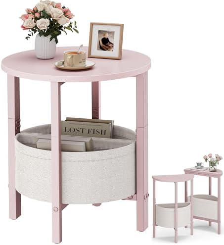 Vagusicc Small Round Side Table, Accent End Table with Storage Basket, Set of 2 Half Round Coffee Table End Table, Half Moon Bedside Table, Modern Nightstand Couch Table for Living Room Bedroom, Pink