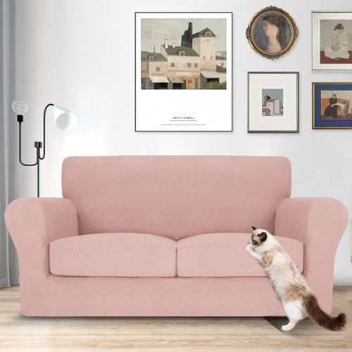 MAXIJIN 3 Piece Couch Covers for 2 Cushion Couch loveseat Cover, Stretch Love Seat Sofa Slipcovers for Dogs Pet, Thick Furniture Protector with 2 Seat Cushion (55"-69", Dusty Pink)