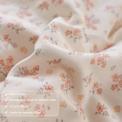 Pink Floral Muslin Duvet Cover Set 3 Pcs,68"×86" Twin Bedding