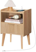 MAHANCRIS Natural Nightstand with Charging Station, Modern Fluted End Table