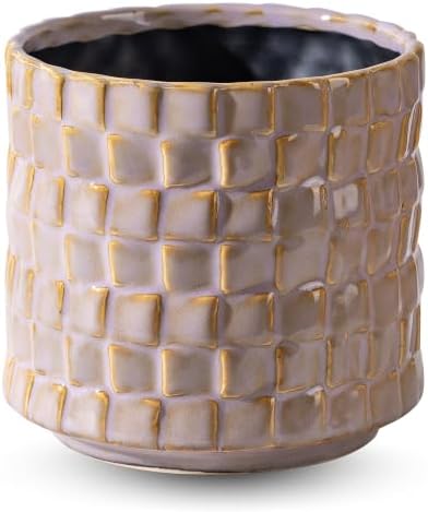 Utensil Crock, 5 Inches Small Cooking Ceramic Utensil Holder for Countertop, Unique Embossed Checkered Pattern, for Kitchen, Home Decor Gift