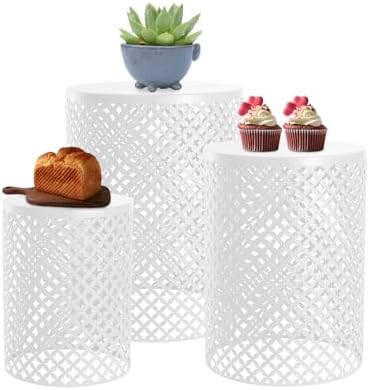Set of 3 Outdoor Side Table, Garden Stool for Patio, Metal Accent Table Modern End Table, Patio Side Table for Garden, Balcony, Bedroom Indoor Outdoor Decorative, Cream White