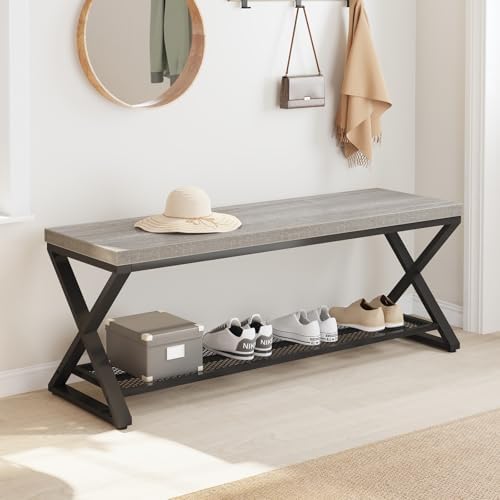 LVB Grey Entryway Bench with Storage, 47” Indoor Shoe Bench with Seating, Modern Storage Benchs for Hallway Foyer Entrance, Wood and Metal Entry Way Shoe Rack Bench for Living Room, Light Grey Oak