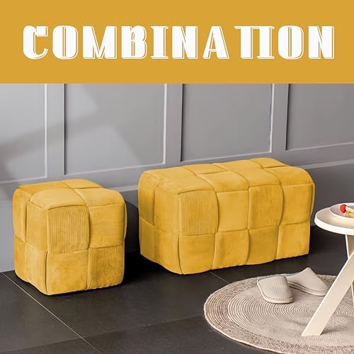 Cmishe 28" Rectangular Woven Corduroy Ottoman Footrest - Large Modern Entryway Bench & Bed End Stool, Sturdy Wood Frame, No Assembly (Yellow-L)