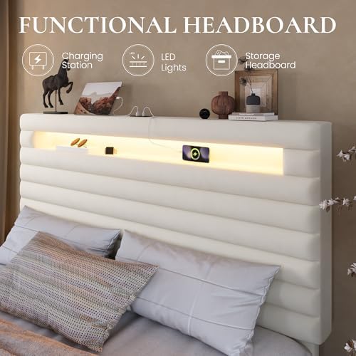 SHA CERLIN Full Bed Frame with LED Light & 2-Tier Storage Shelf, Cream