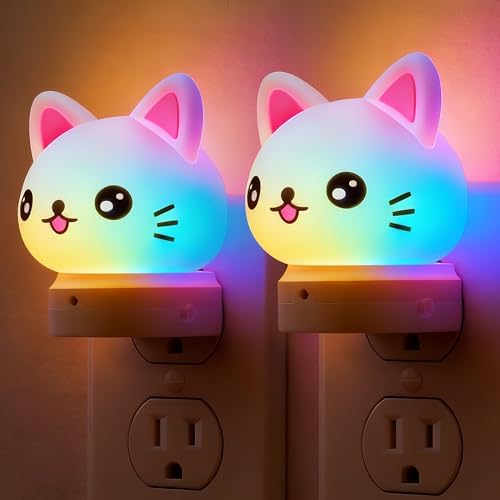 L LOHAS LED Plug in Night Light for Kids, 2-Pack 3D Cute Cat Night Lights