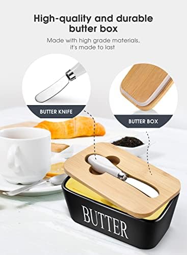 Ceramic Butter Dish with Lid and Knife & Silicone Seal 400ml 2 Pack Black