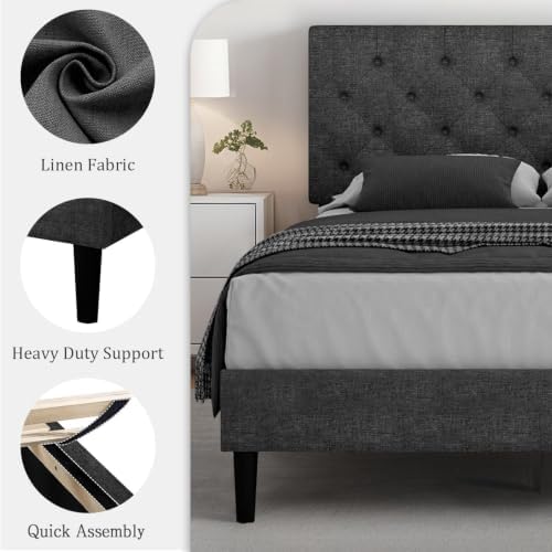 HOMBCK Queen Bed Frame with Adjustable Headboard, Dark Grey