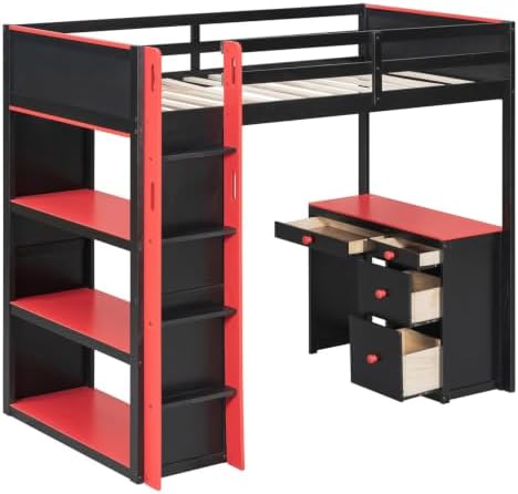 LUMISOL Twin Gaming Loft Bed with Desk and Storage Shelves, Solid Wood Loft Bed with Drawers and Computer Desk for Teens, Space Saving High Loft Bed Frame for Kids Bedroom Red