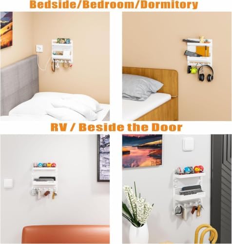 SuoXing Bedside Shelf Wall Mount and Wall Nightstand for Bedroom,Rv,Dorm Room,Bedside Wall Organizer for Phone Holder,Wall Mount Shelf Organizer for Charging Station and Remote Control Holder,White